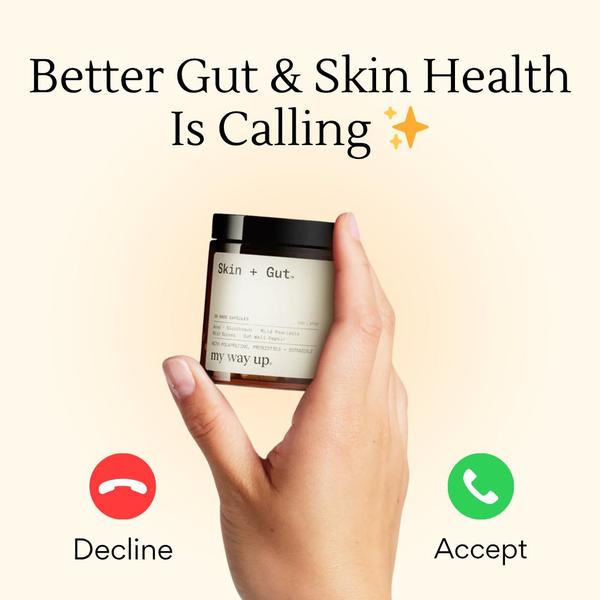 A clean, minimalist 1:1 image featuring a hand holding a bottle of supplements with a smartphone-style 'Accept' or 'Decline' call interface.